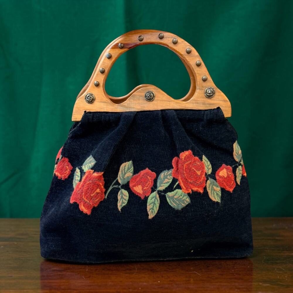 Vintage 70's Floral Needlepoint Handbag Wood Handle | Black Velvet Rose Purse